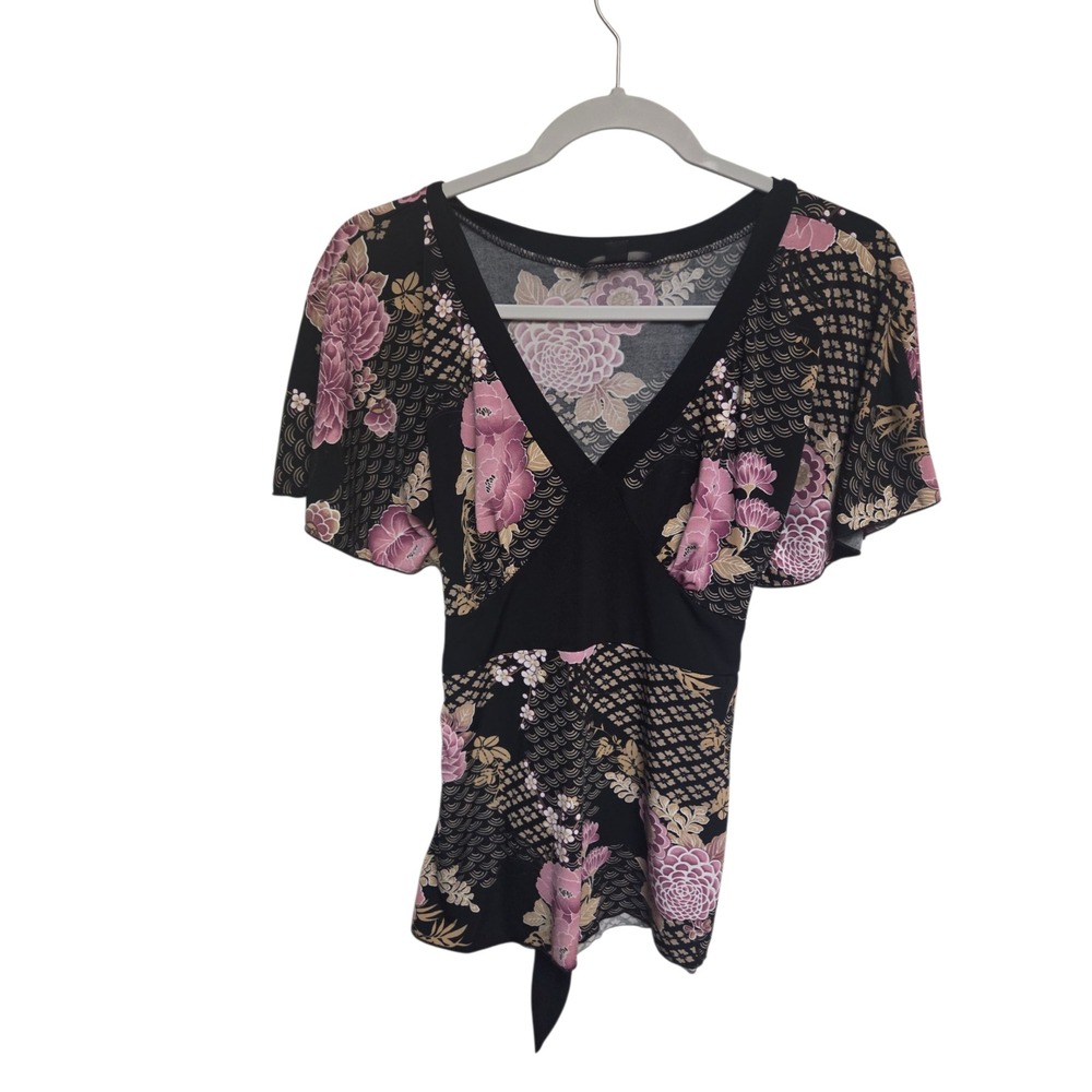 Vintage Y2K BCX Floral Print Tie Front Top V‎ Neck Short Flutter Sleeve Blouse